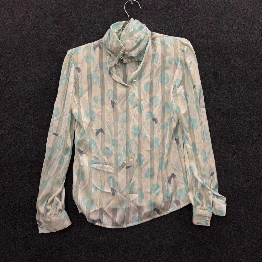 Vintage 80s Worthington Floral High Neck Ruffle Blouse Blue Teal Watercolor 6